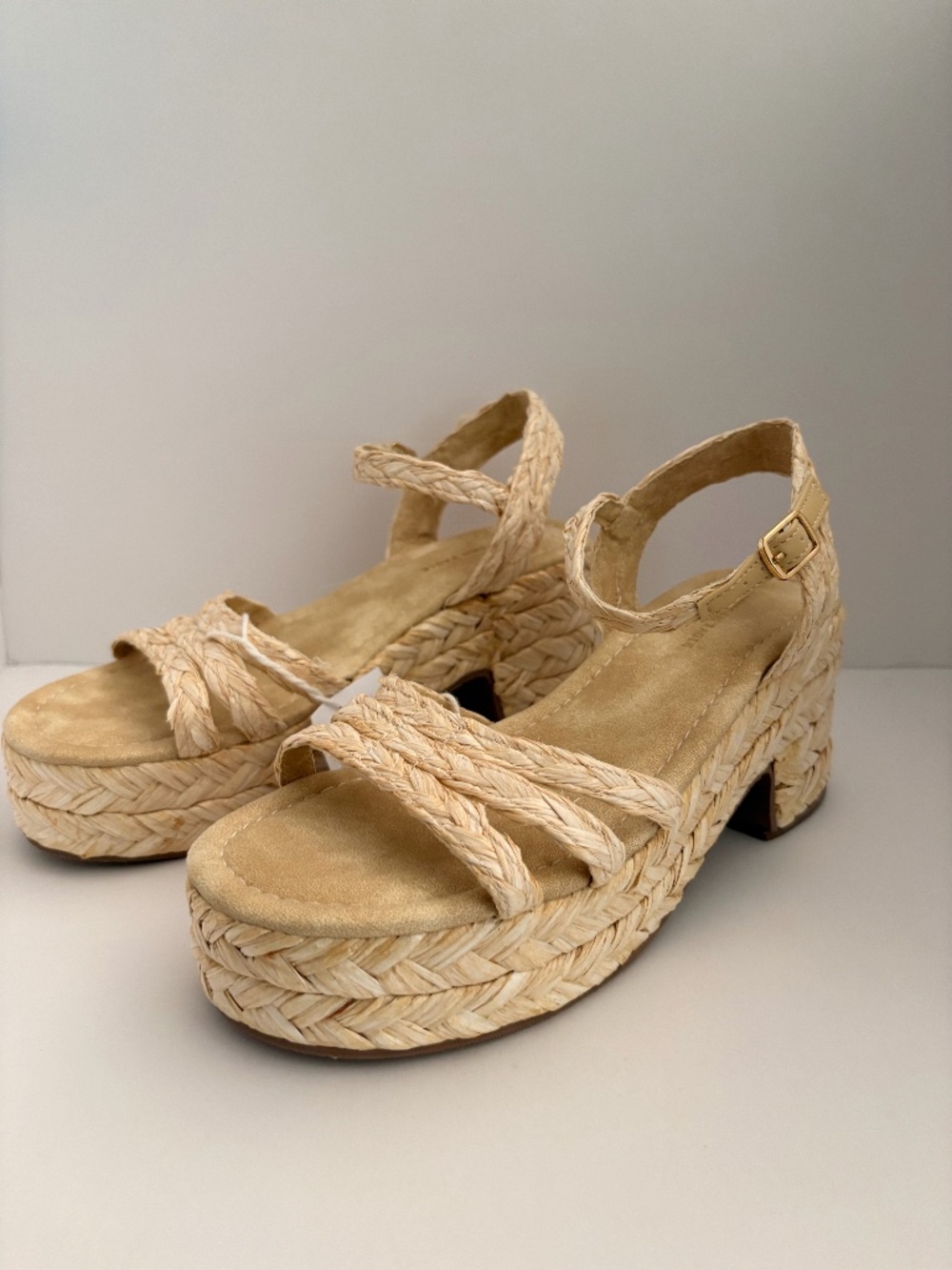 American Eagle Natural Raffia Braided Platform Espadrille Heeled Sandals